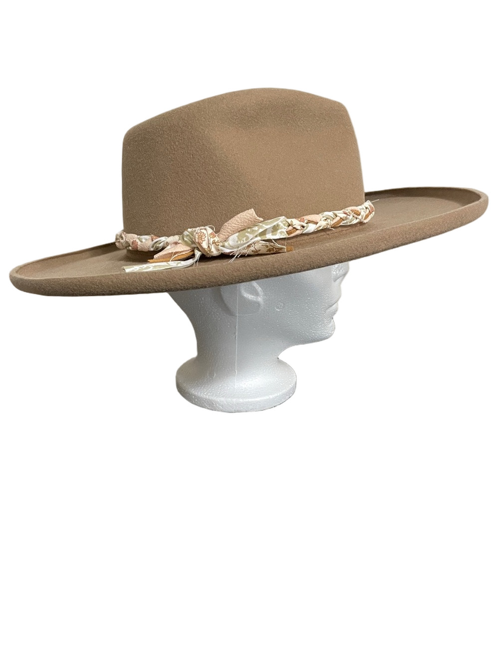 Vagar Wool Wide-Brim Hat in Light Tan with Braided Scarf Trim
